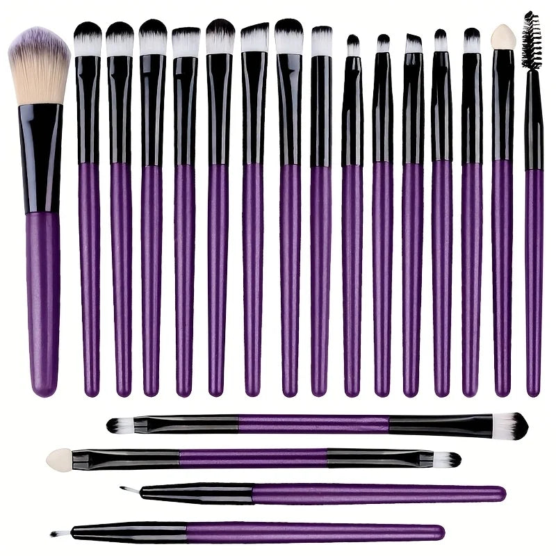 Ensemble de 20 pinceaux de maquillage comprenant fards à paupières, eyeliner, fond de teint, correcteurs, poudre, blush et éponges à maquillage.