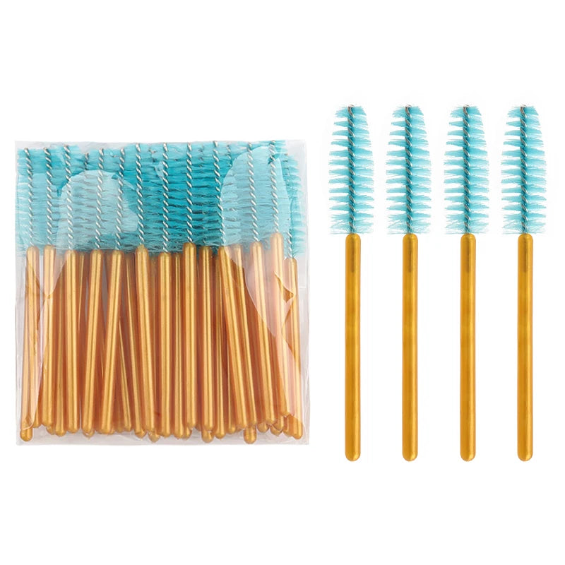 50Pcs Disposable Eyelash Makeup Brush Mascara Wands Gold Mini Eye Lash Brushes Short Eyebrow Comb Eyelashes Extension Tool