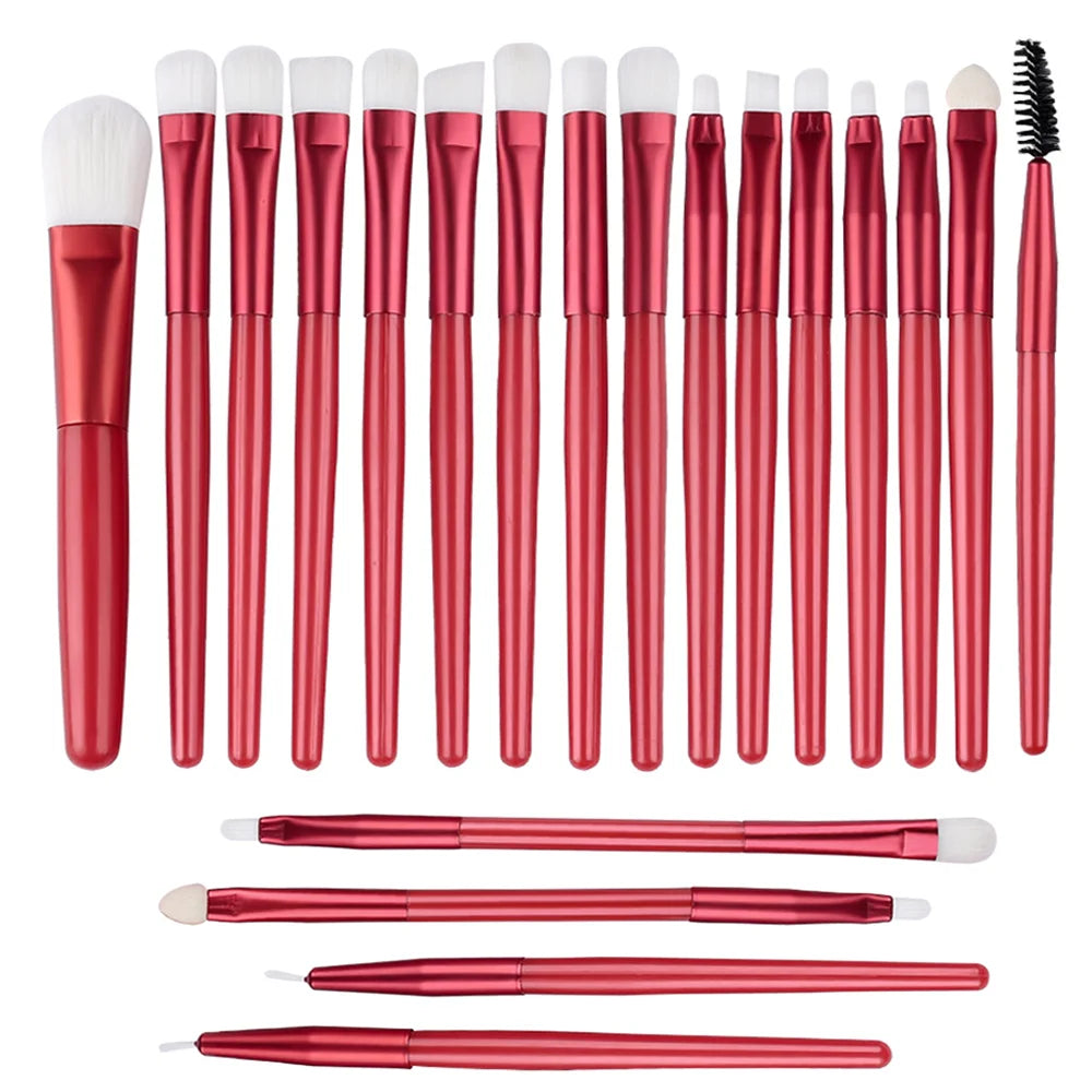Ensemble de 20 pinceaux de maquillage comprenant fards à paupières, eyeliner, fond de teint, correcteurs, poudre, blush et éponges à maquillage.