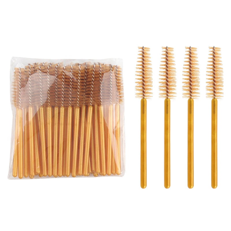50Pcs Disposable Eyelash Makeup Brush Mascara Wands Gold Mini Eye Lash Brushes Short Eyebrow Comb Eyelashes Extension Tool
