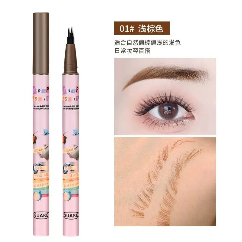 4 Colors Eyebrow Pen Waterproof 4 Fork Tip Eyebrow Tattoo Pencil Cosmetic Long Lasting Natural Dark Brown Liquid Eye Brow Pencil