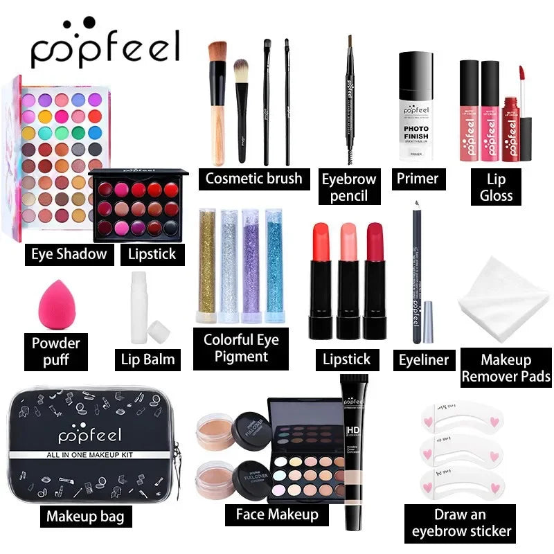 Coffret maquillage Popfeel en édition limitée, ensemble complet tout-en-un : fard à paupières, eyeliner, poudre, correcteur. Coffrets cadeaux de luxe pour femmes, cosmétiques.