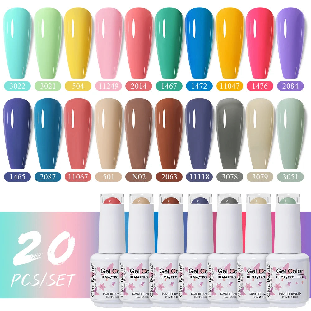 Clou Beaute 20pcs TPO & HEMA FREE Nail Gel Polish Set Red Pink Nude UV LED Soak Off Polish Gel Nail Semi Permanent Nail Varnish