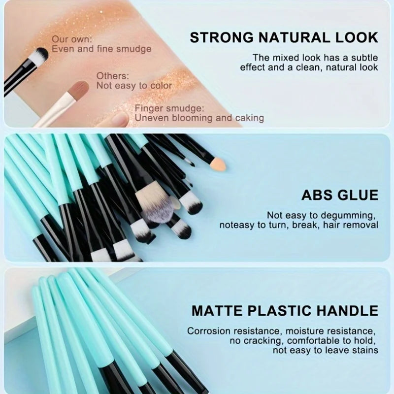 Ensemble de 20 pinceaux de maquillage comprenant fards à paupières, eyeliner, fond de teint, correcteurs, poudre, blush et éponges à maquillage.