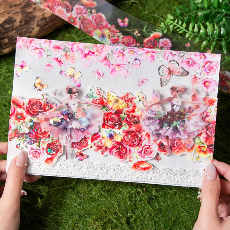 1Roll Beautful Flowers Series PET Tape Scrapbooking Decoration Stickers Collage Journal Diary Craft Diy Supplies