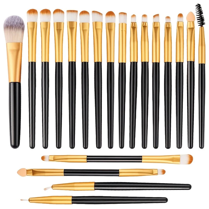Ensemble de 20 pinceaux de maquillage comprenant fards à paupières, eyeliner, fond de teint, correcteurs, poudre, blush et éponges à maquillage.