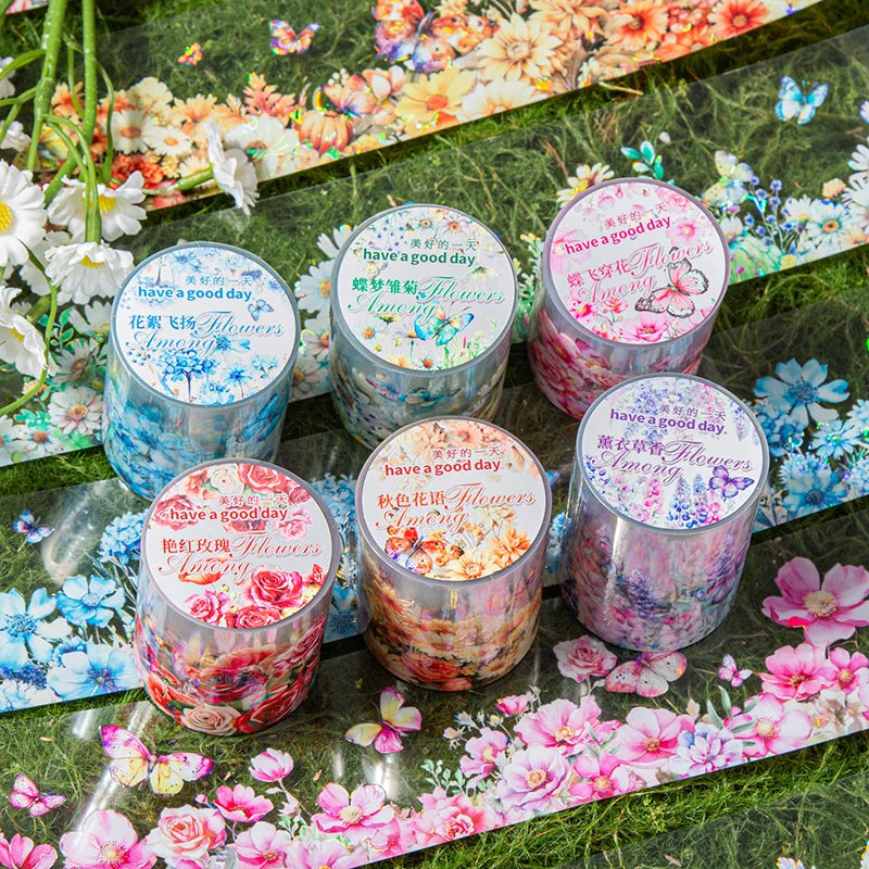 1Roll Beautful Flowers Series PET Tape Scrapbooking Decoration Stickers Collage Journal Diary Craft Diy Supplies