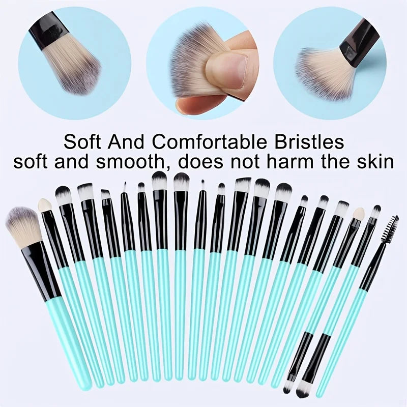 Ensemble de 20 pinceaux de maquillage comprenant fards à paupières, eyeliner, fond de teint, correcteurs, poudre, blush et éponges à maquillage.