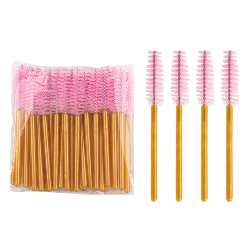 50Pcs Disposable Eyelash Makeup Brush Mascara Wands Gold Mini Eye Lash Brushes Short Eyebrow Comb Eyelashes Extension Tool