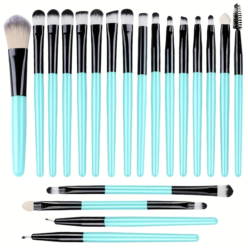 Ensemble de 20 pinceaux de maquillage comprenant fards à paupières, eyeliner, fond de teint, correcteurs, poudre, blush et éponges à maquillage.