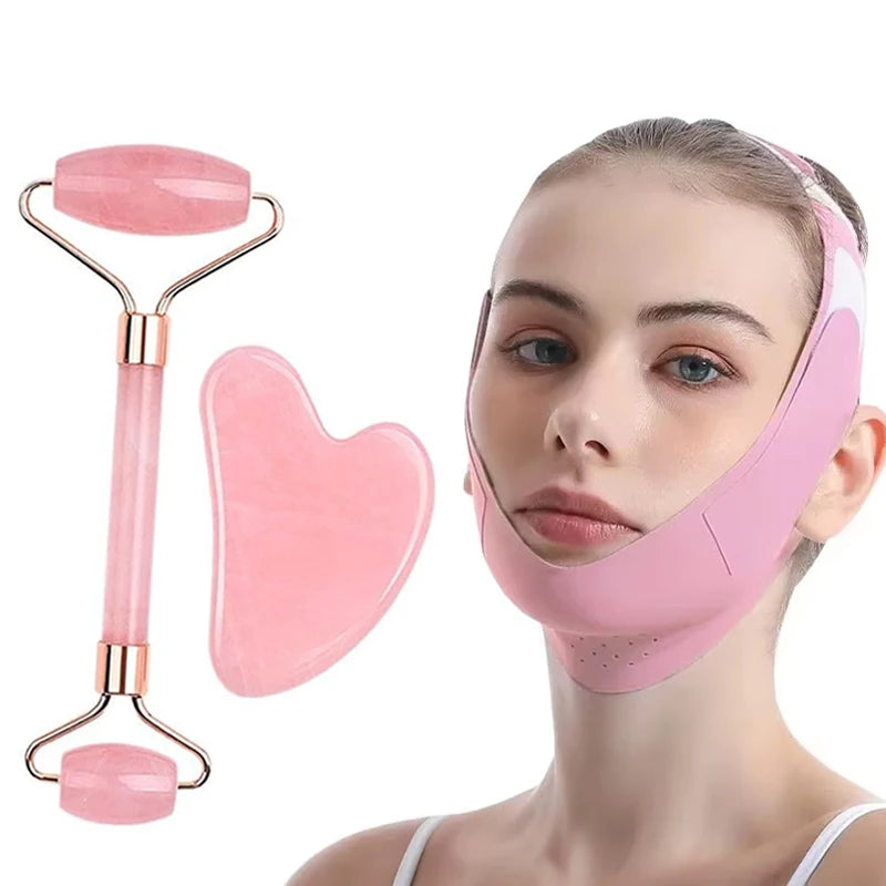 Facial Sculpting Mask & Facial and Eye Mask Massage Roller Reusable Adjustable V-shaped Face Bandage Portable Body Massage Tool