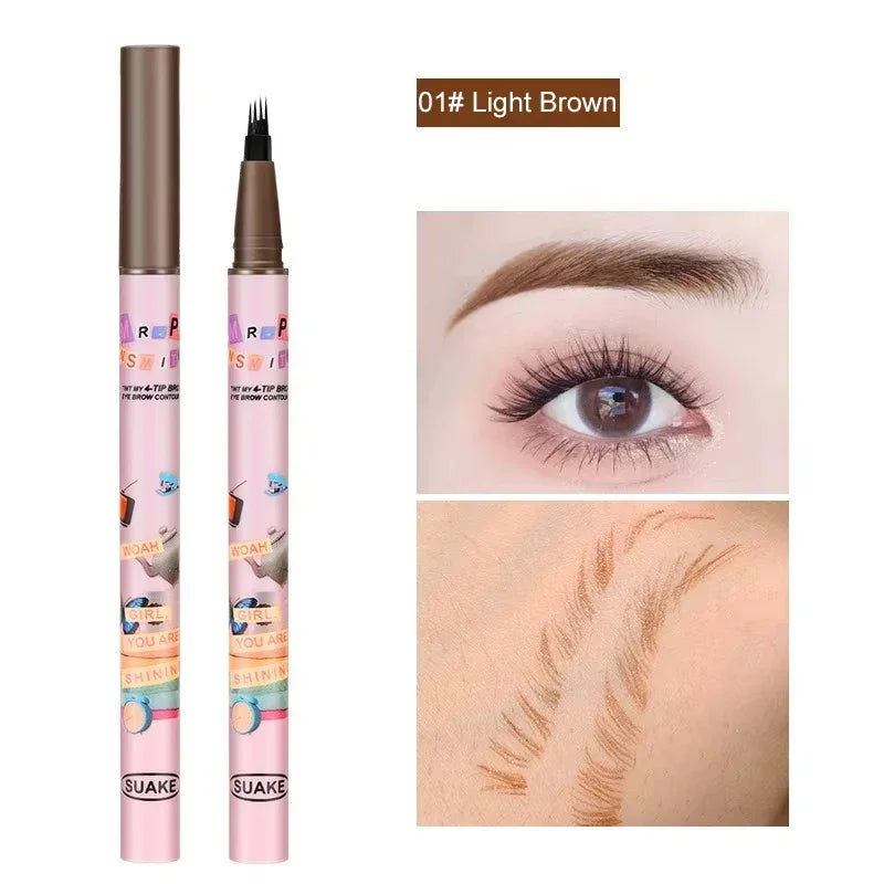 4 Colors Eyebrow Pen Waterproof 4 Fork Tip Eyebrow Tattoo Pencil Cosmetic Long Lasting Natural Dark Brown Liquid Eye Brow Pencil