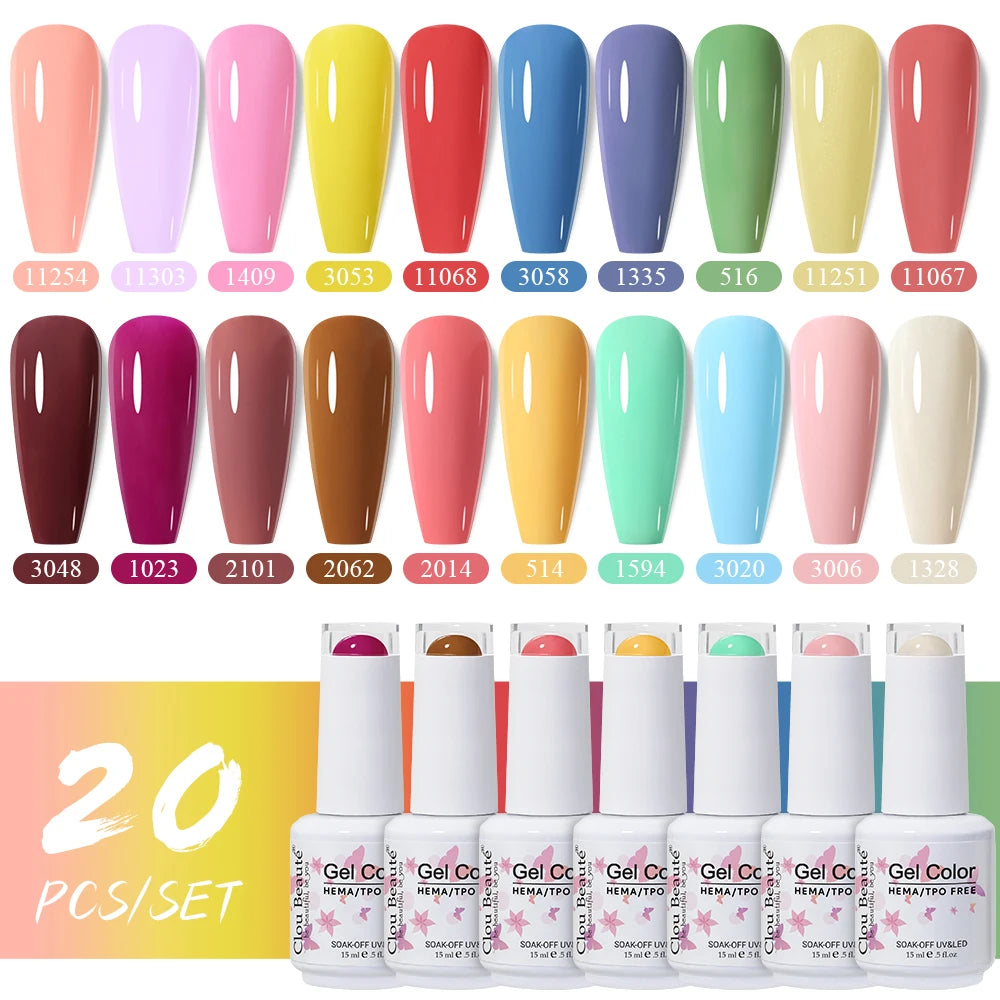 Clou Beaute 20pcs TPO & HEMA FREE Nail Gel Polish Set Red Pink Nude UV LED Soak Off Polish Gel Nail Semi Permanent Nail Varnish
