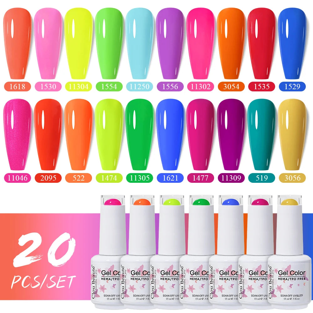 Clou Beaute 20pcs TPO & HEMA FREE Nail Gel Polish Set Red Pink Nude UV LED Soak Off Polish Gel Nail Semi Permanent Nail Varnish