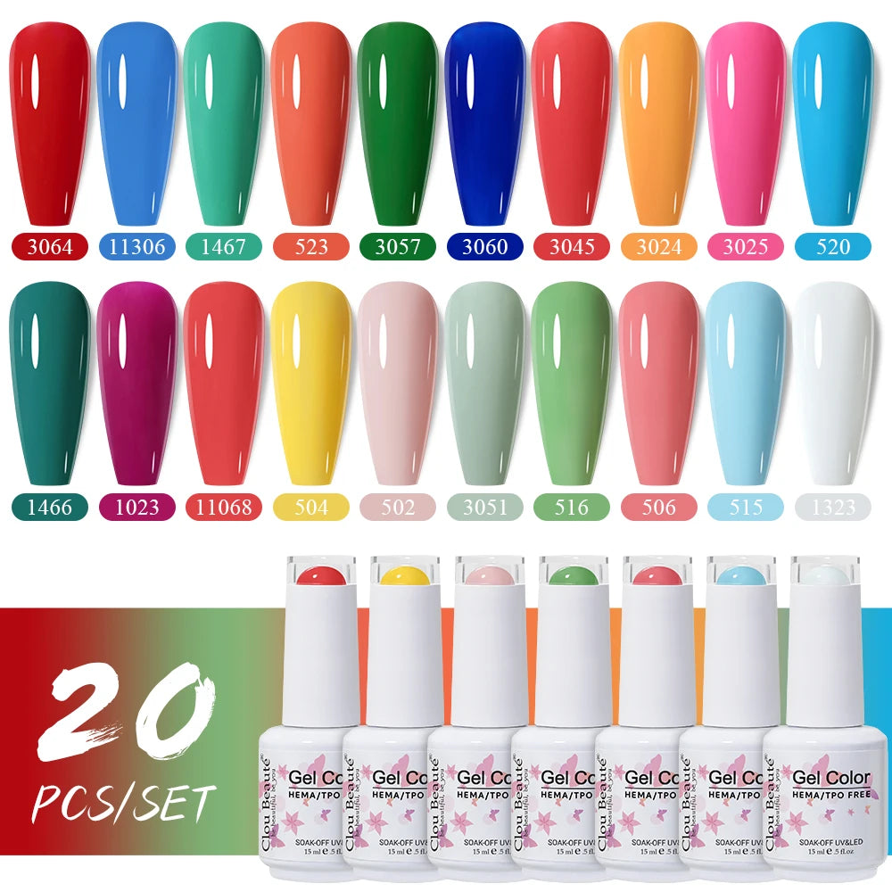 Clou Beaute 20pcs TPO & HEMA FREE Nail Gel Polish Set Red Pink Nude UV LED Soak Off Polish Gel Nail Semi Permanent Nail Varnish