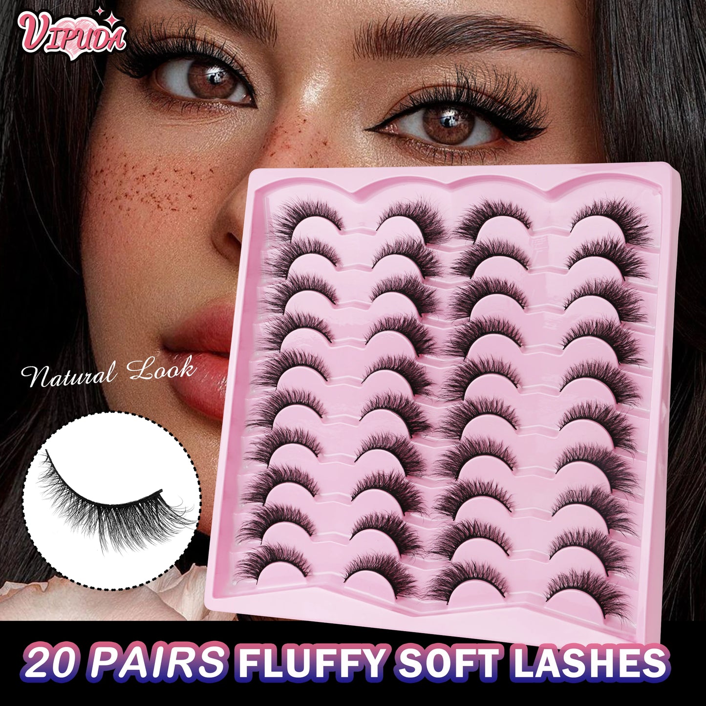 Vipuda 20 paires de faux cils naturels effet œil de chat, cils volumineux et fournis, cils fins et vaporeux pour un maquillage spectaculaire