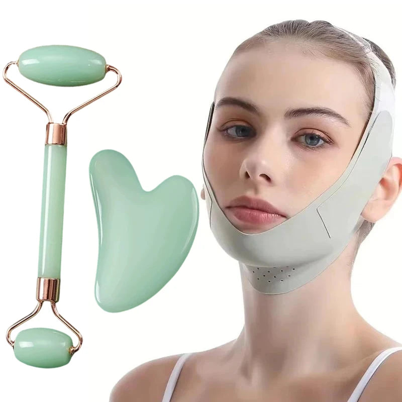 Facial Sculpting Mask & Facial and Eye Mask Massage Roller Reusable Adjustable V-shaped Face Bandage Portable Body Massage Tool