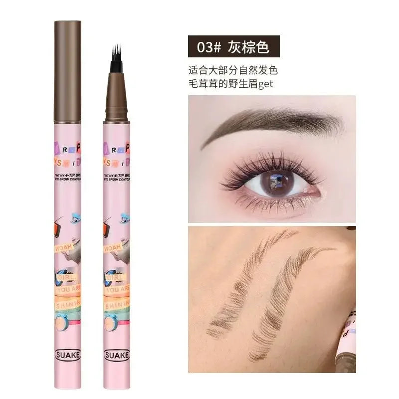 4 Colors Eyebrow Pen Waterproof 4 Fork Tip Eyebrow Tattoo Pencil Cosmetic Long Lasting Natural Dark Brown Liquid Eye Brow Pencil