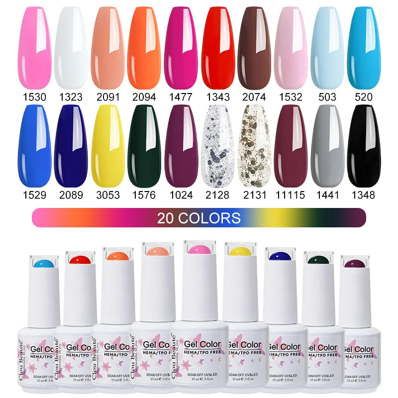 Clou Beaute 20pcs TPO & HEMA FREE Nail Gel Polish Set Red Pink Nude UV LED Soak Off Polish Gel Nail Semi Permanent Nail Varnish