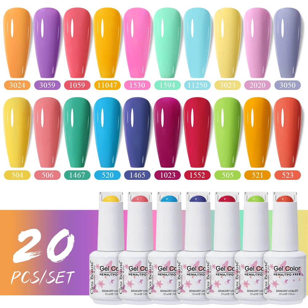 Clou Beaute 20pcs TPO & HEMA FREE Nail Gel Polish Set Red Pink Nude UV LED Soak Off Polish Gel Nail Semi Permanent Nail Varnish