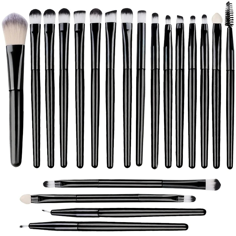 Ensemble de 20 pinceaux de maquillage comprenant fards à paupières, eyeliner, fond de teint, correcteurs, poudre, blush et éponges à maquillage.