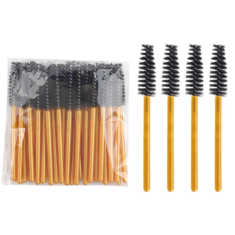 50Pcs Disposable Eyelash Makeup Brush Mascara Wands Gold Mini Eye Lash Brushes Short Eyebrow Comb Eyelashes Extension Tool