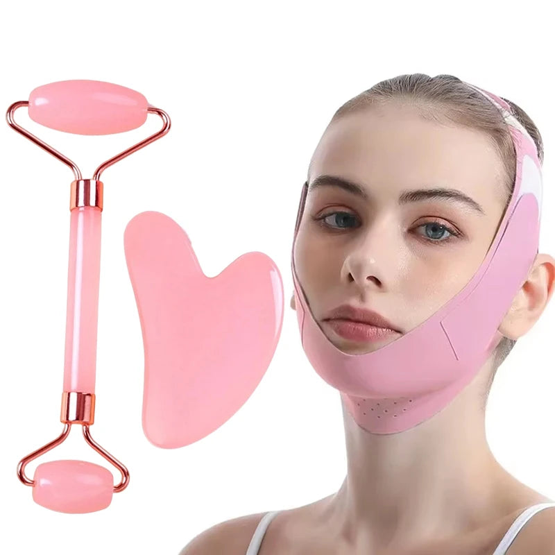 Facial Sculpting Mask & Facial and Eye Mask Massage Roller Reusable Adjustable V-shaped Face Bandage Portable Body Massage Tool