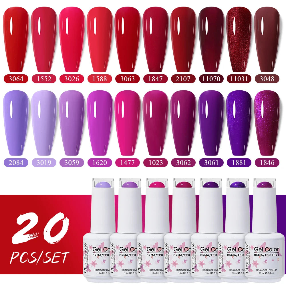 Clou Beaute 20pcs TPO & HEMA FREE Nail Gel Polish Set Red Pink Nude UV LED Soak Off Polish Gel Nail Semi Permanent Nail Varnish