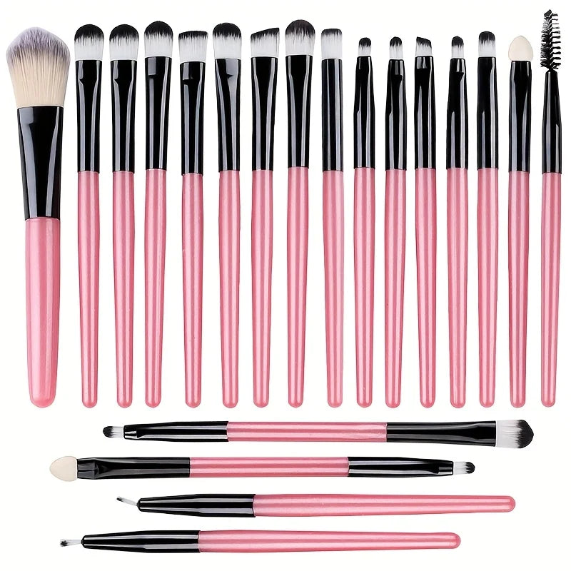 Ensemble de 20 pinceaux de maquillage comprenant fards à paupières, eyeliner, fond de teint, correcteurs, poudre, blush et éponges à maquillage.