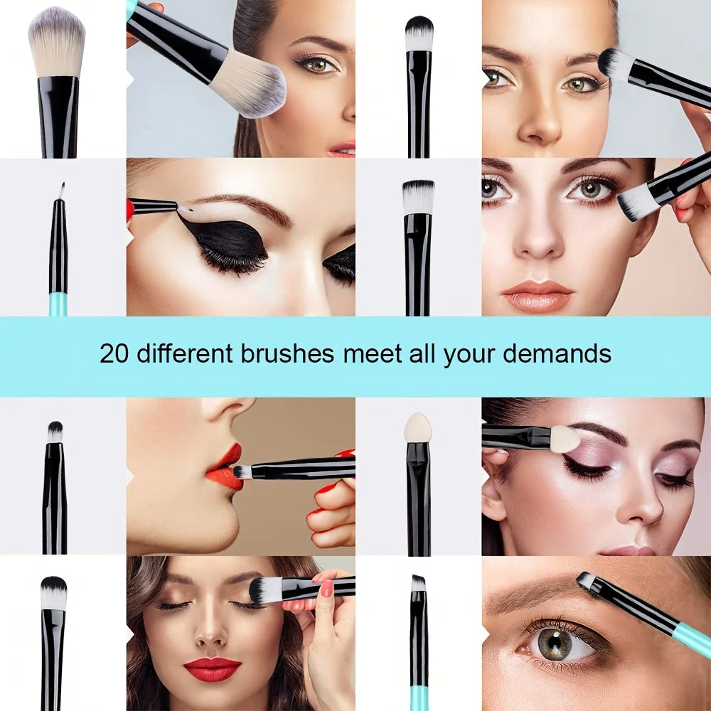 Ensemble de 20 pinceaux de maquillage comprenant fards à paupières, eyeliner, fond de teint, correcteurs, poudre, blush et éponges à maquillage.