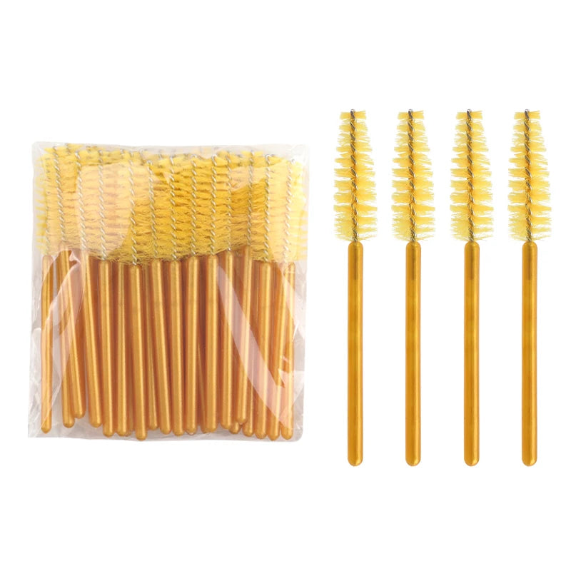 50Pcs Disposable Eyelash Makeup Brush Mascara Wands Gold Mini Eye Lash Brushes Short Eyebrow Comb Eyelashes Extension Tool