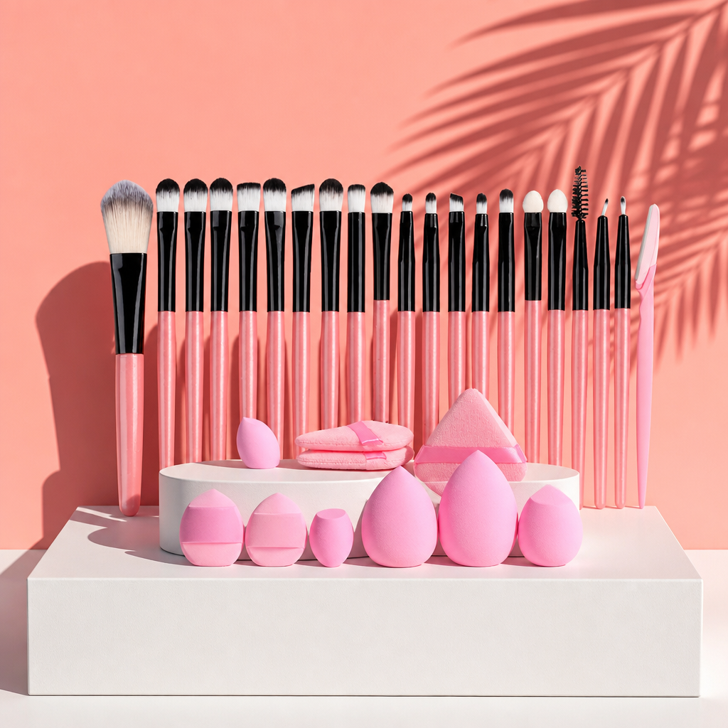 Ensemble de 20 pinceaux de maquillage comprenant fards à paupières, eyeliner, fond de teint, correcteurs, poudre, blush et éponges à maquillage.