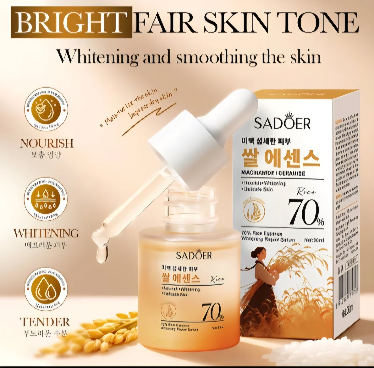 SADOER Sérum Visage Éclaircissant Réparateur Essence de Riz Niacinamide 30ml NEUF