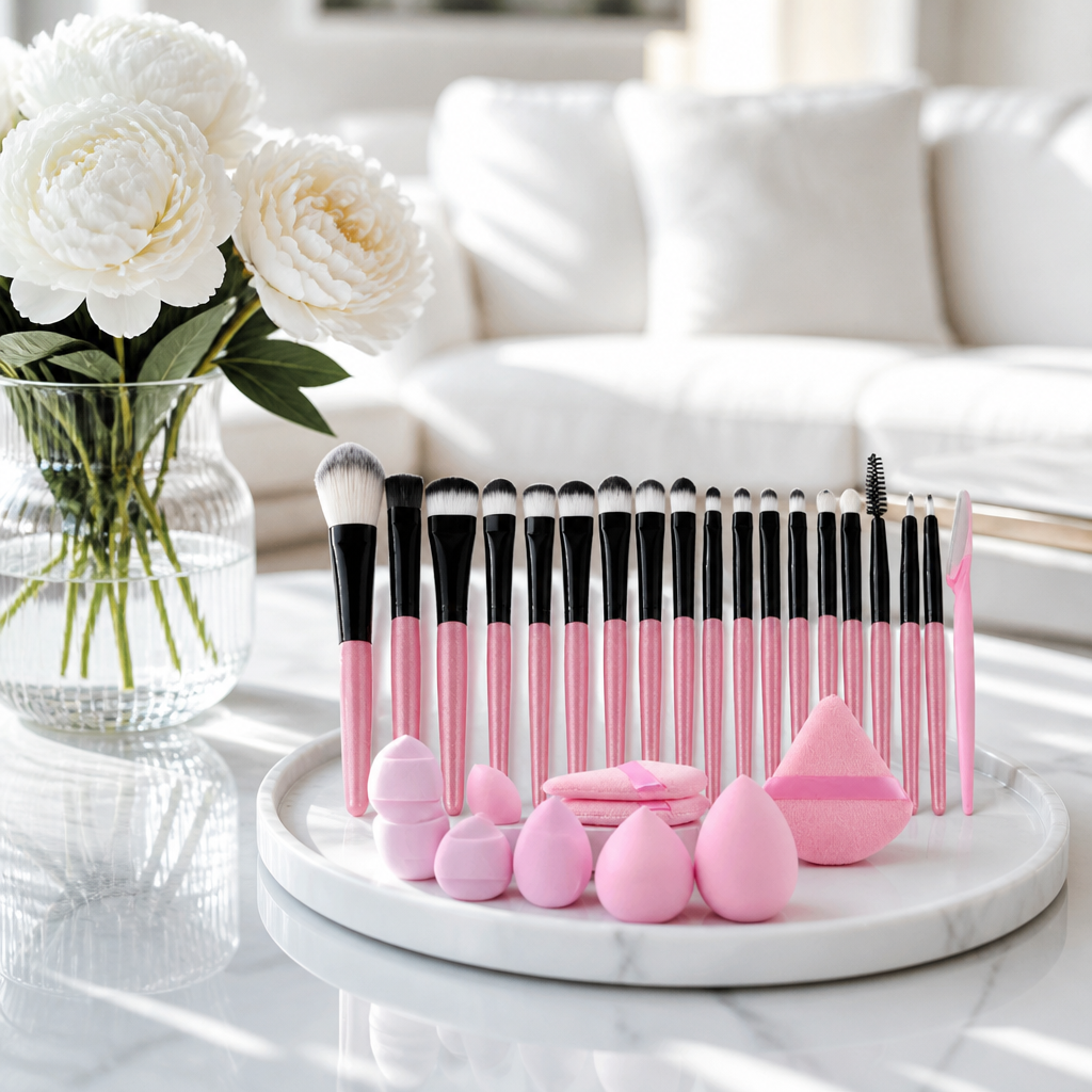 Ensemble de 20 pinceaux de maquillage comprenant fards à paupières, eyeliner, fond de teint, correcteurs, poudre, blush et éponges à maquillage.